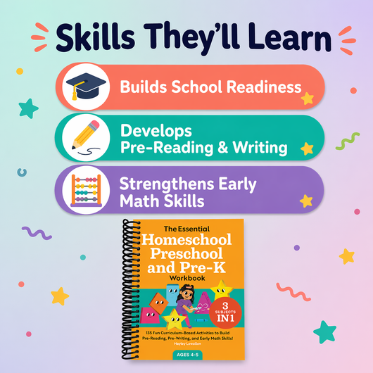 The Essential Homeschool Preschool and Pre-K Workbook: 135 Fun Curriculum-Based Activities to Build Pre-Reading, Pre-Writing, and Early Math Skills!